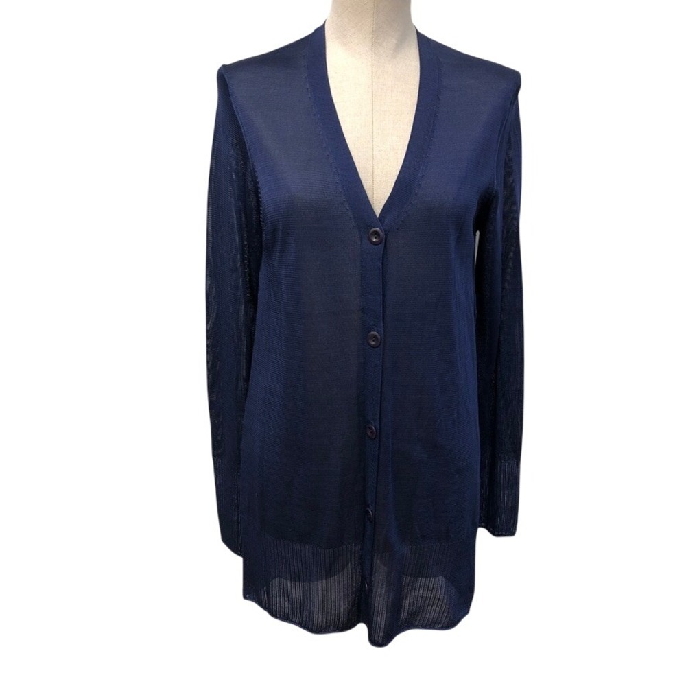 Donna Karan Cardigan Womens M Navy Blue Longline Sheer Knit Button V-Neck Rayon